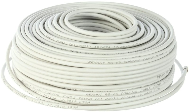 Кабель REXANT RG-6U (75 Oм) CCS/Al/Al (1,02/Al/48х0,12мм) 64% белый, 100м [01-2201]
