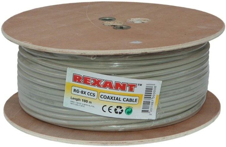 Кабель REXANT RG-8X (50 Oм) CCS/Al/Al (1,80/64х0,12мм) 75% серый, 100м [01-2021]