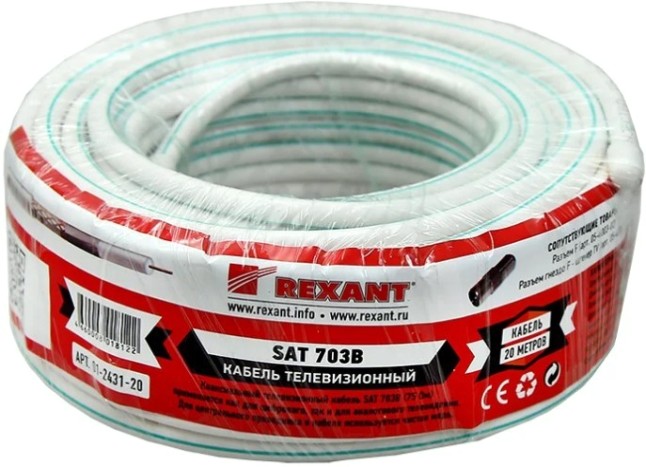 Кабель REXANT SAT 703B (75 Oм), Cu/Al/Cu (1,0/Al/64х0,12мм) 75%, 20м, бел [01-2431-20]
