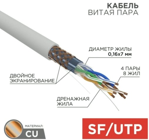Кабель REXANT SF/UTP, CAT 5e, PVC 4х2x(0,16х7)мм, внутр. многожильный, серый [01-0343]