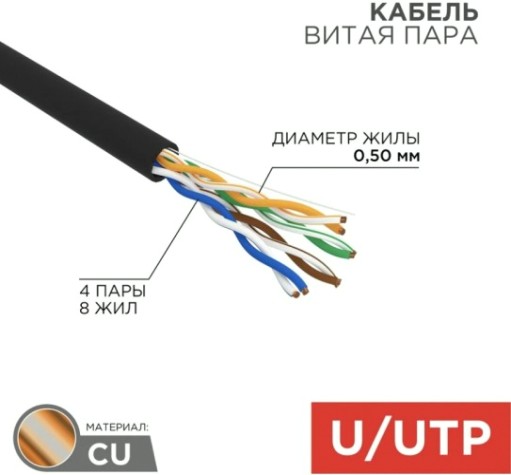 Кабель REXANT U/UTP, CAT 5e, PE 4х2х0,50мм, 24AWG внешний, черный [01-0045]