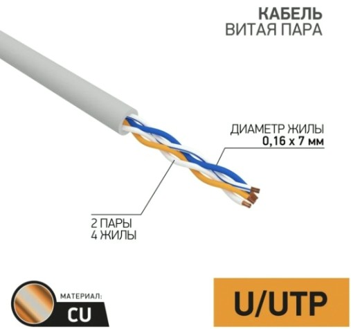 Кабель REXANT U/UTP, CAT 5e, PVC 2х2х(0,16х7) мм, внутр., многожильный, серый [01-0026]