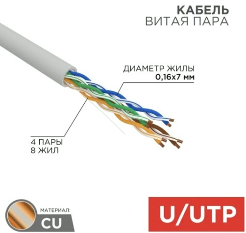 Кабель REXANT U/UTP, CAT 5e, PVC 4х2x(0,16х7) мм, внутр., многожильный, серый [01-0044]