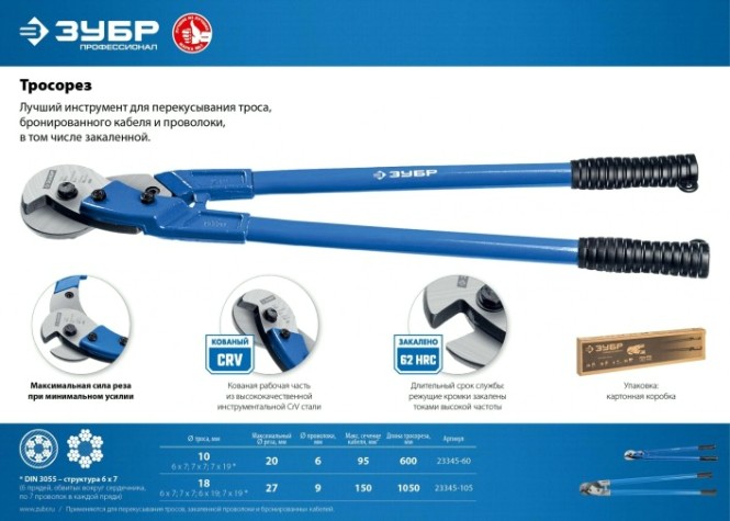 Кабелерез ЗУБР ПРОФЕССИОНАЛ d10 / 600 мм тросорез. [23345-60]