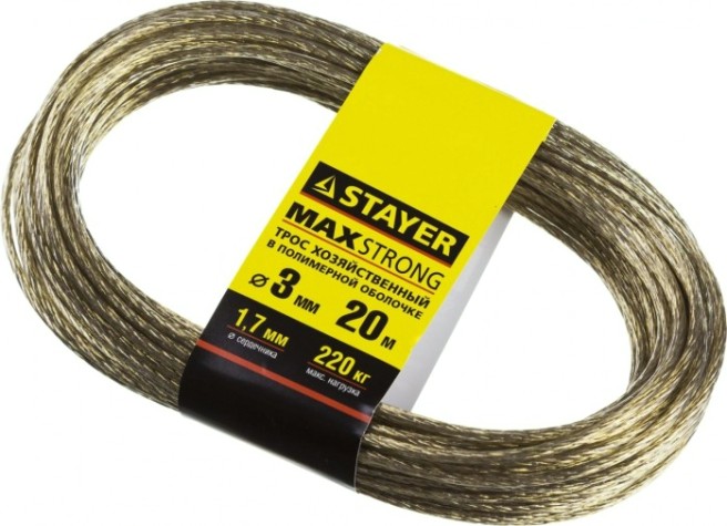 Канат стальной с покрытием из поливинилхлорида (ПВ STAYER MASTER трос хозяйственный в оболочке, 20 метров, 3,0мм [50145-3]