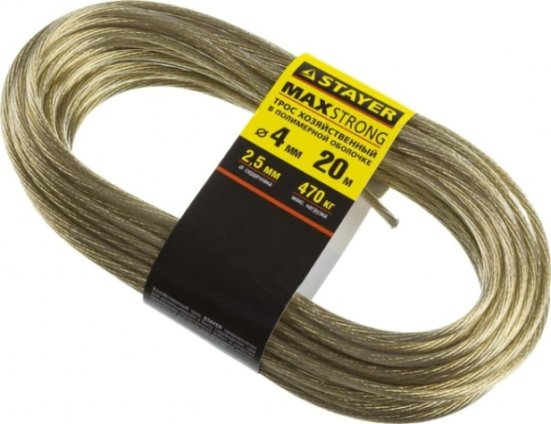 Канат стальной с покрытием из поливинилхлорида (ПВ STAYER MASTER трос хозяйственный в оболочке, 20 метров, 4,0мм [50145-4]