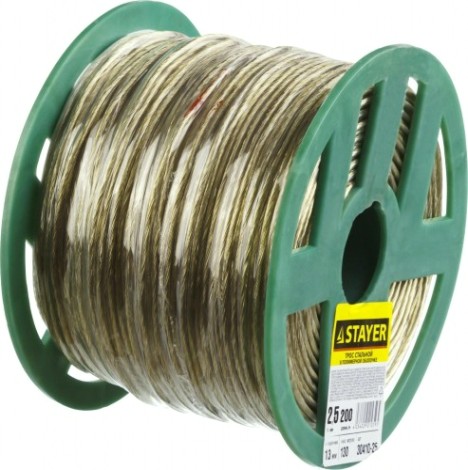 Канат стальной с покрытием из поливинилхлорида (ПВ STAYER MASTER трос в оболочке, d=2,5 мм, l=200 м, [30410-25]