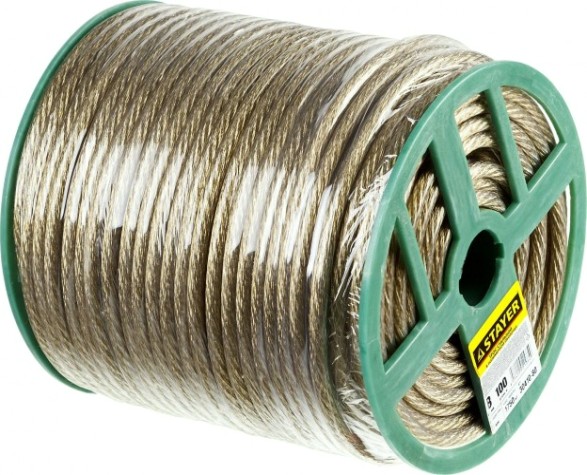 Канат стальной с покрытием из поливинилхлорида (ПВ STAYER MASTER трос в оболочке, d=8,0 мм, l=100 м, [30410-80]