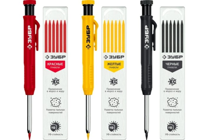 Карандаш строительный ЗУБР Профессионал АСК 18 сменных грифелей: 6ч + 6ж + 6к автоматический [06312-H6]