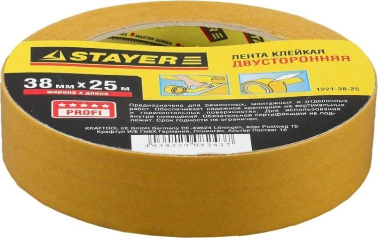 Клеящая лента STAYER MASTER двухсторонняя на полипропиленовой основе, 38ммх25м [1221-38-25]