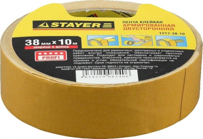 Клеящая лента STAYER PROFESSIONAL двухсторонняя на тканевой основе, 38ммх10м [1217-38-10]