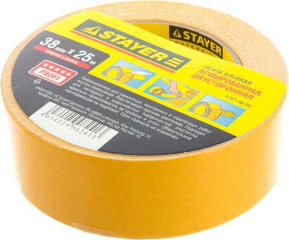 Клеящая лента STAYER PROFESSIONAL двухсторонняя на тканевой основе, 38ммх25м [1217-38-25]