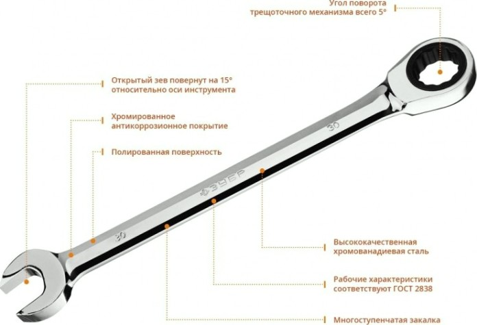 Ключ комбинированный трещоточный ЗУБР МАСТЕР гаечный 30 мм, [27074-30]