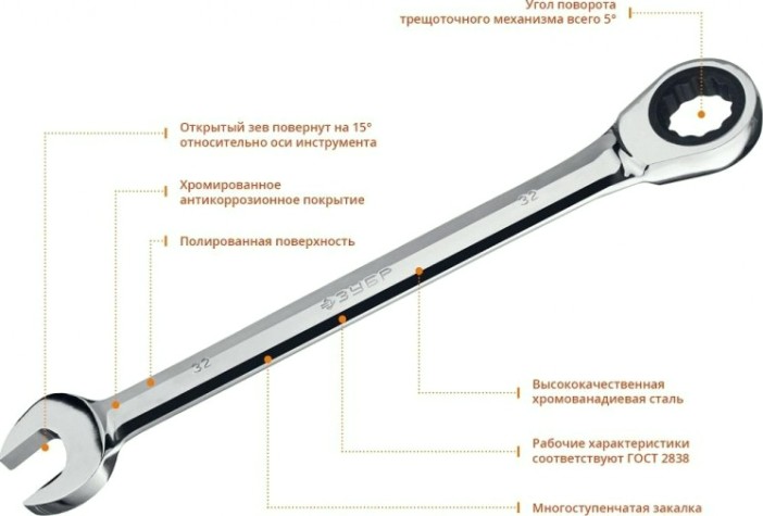 Ключ комбинированный трещоточный ЗУБР МАСТЕР гаечный 32 мм, [27074-32]