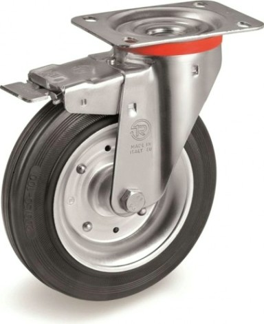 Колесо из черной резины TELLURE ROTA 535426 серия 53, d-200 мм, поворотное с тормоз. (140х110) [8007554029152]