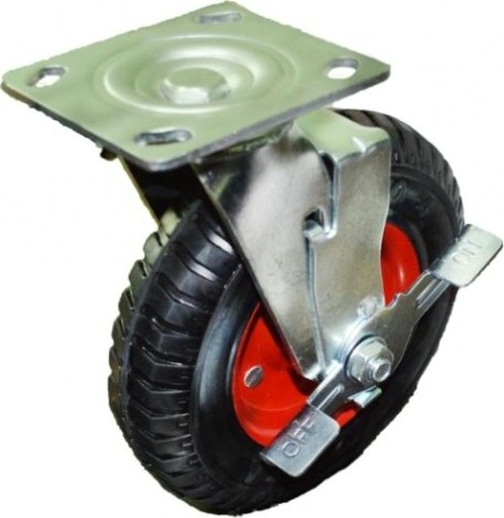 Колесо из литой резины MFK-TORG SCB80Л200 поворотное с тормозом красный диск 200 мм