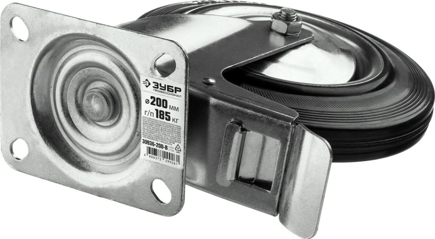 Колесо промышленное ЗУБР d=100 мм, г/п 70 кг поворотное c тормозом (резина, игольчатый подшипник) [30936-100-B]