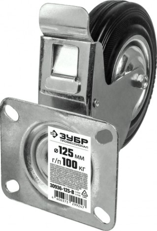 Колесо промышленное ЗУБР d=125 мм, г/п 100 кг поворотное c тормозом (резина, игольчатый подшипник) [30936-125-B]