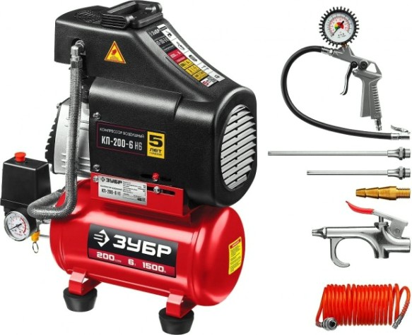Компрессор поршневой безмасляный ЗУБР КП-200-6 Н6 с набором аксессуаров Компрессор поршневой безмасляный ЗУБР КП-200-6 Н6 с набором аксессуаров