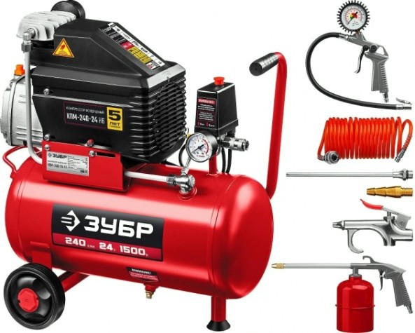 Компрессор поршневой ЗУБР КПМ-240-24 Н6 с набором аксессуаров Компрессор поршневой ЗУБР КПМ-240-24 Н6 с набором аксессуаров