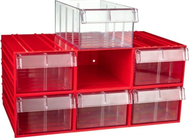 Короб откидной СТЕЛЛА-ТЕХНИК пластиковый 140х250х100мм, комплект 6 штук [C-2-К6-красный-прозрачный]