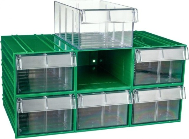 Короб откидной СТЕЛЛА-ТЕХНИК пластиковый 140х250х100мм, комплект 6 штук [C-2-К6-зеленый-прозрачный]