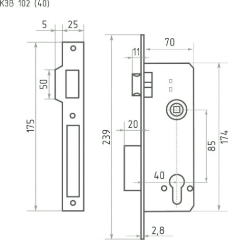 Корпус замка врезного НОРА-М КЗВ-102 40мм "Хром" [14787]