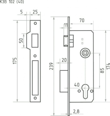 Корпус замка врезного НОРА-М КЗВ-102 40мм "Полированная латунь" [14786]
