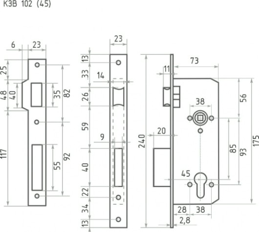 Корпус замка врезного НОРА-М КЗВ-102 45 мм "Золото" [5277]