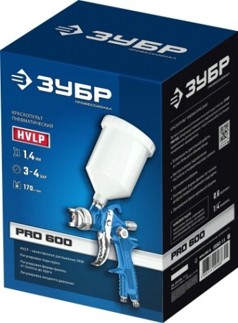 Краскопульт пневматический ЗУБР PRO 600 HVLP c верхним бачком, 1.4мм [06563-1.4_z01]