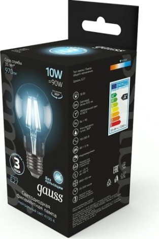 Лампа светодиодная филаментная GAUSS A60 filament а60 10w 970lm 4100к е27 led [102802210]