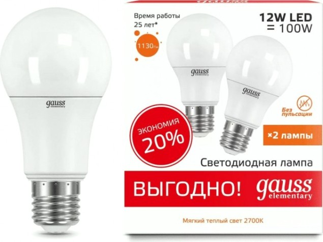 Лампа светодиодная GAUSS 23212P elementary a60 12w 2700k e27 (2 лампы в упаковке) Лампа светодиодная GAUSS 23212P elementary a60 12w 2700k e27 (2 лампы в упаковке)
