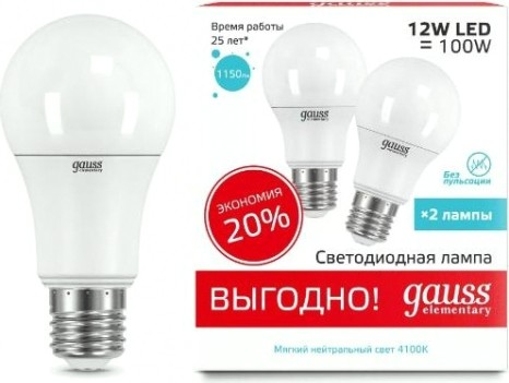 Лампа светодиодная GAUSS 23222P elementary a60 12w 4100k e27 (2 лампы в упаковке) Лампа светодиодная GAUSS 23222P elementary a60 12w 4100k e27 (2 лампы в упаковке)