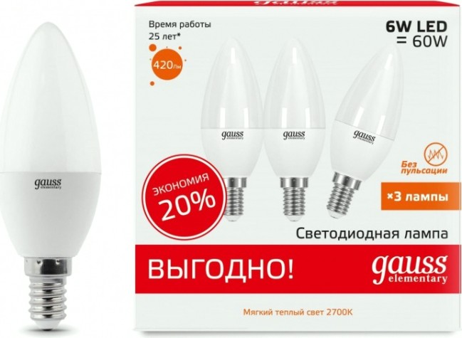 Лампа светодиодная GAUSS 33116T elementary свеча 6w 420lm 3000k e14 (3 лампы в упа