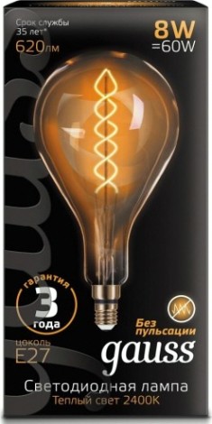Лампа светодиодная GAUSS А160 filament 8w 620lm 2400к е27 golden flexible led [150802008]