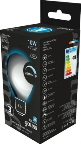 Лампа светодиодная GAUSS A160 filament а160 10w 890lm 4100к е27 milky диммируема [179202210-D]