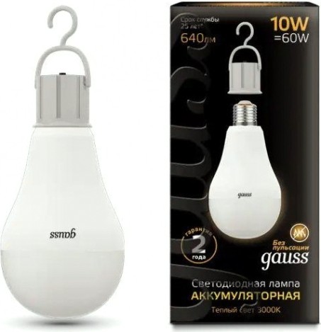 Лампа светодиодная GAUSS A60 a60 10w 640lm 3000k e27 с li-ion аккумулятором led [102402100]