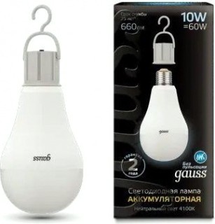 Лампа светодиодная GAUSS A60 a60 10w 660lm 4100k e27 с li-ion аккумулятором led [102402200]