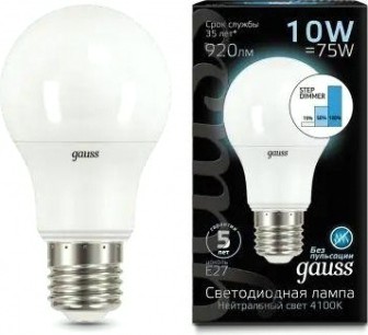Лампа светодиодная GAUSS A60 a60 10w 920lm 4100k e27 шаг. диммирование led [102502210-S]