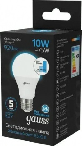 Лампа светодиодная GAUSS A60 a60 10w 920lm 6500k е27 шаг. диммирование led [102502310-S]