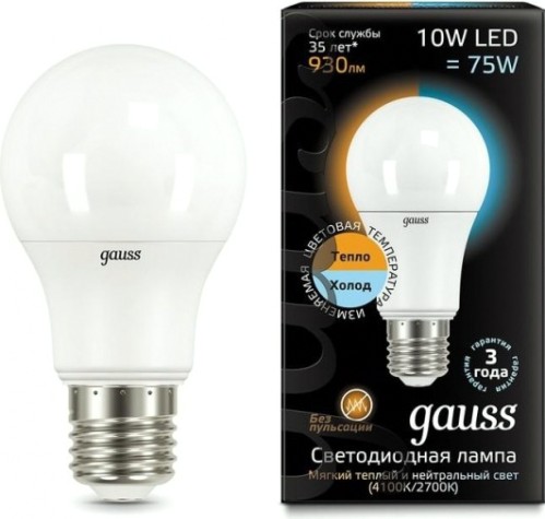 Лампа светодиодная GAUSS A60 a60 10w 930lm 3000k/4100k e27 изм.цвет.темп. led [102502110-T]