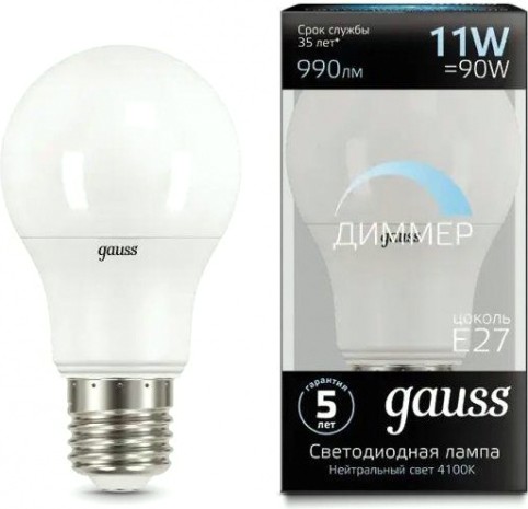 Лампа светодиодная GAUSS A60 a60 11w 990lm 4100к e27 диммируемая led [102502211-D]