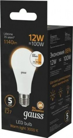 Лампа светодиодная GAUSS A60 a60 12w 1140lm 3000k е27 шаг. диммирование led [102502112-S]