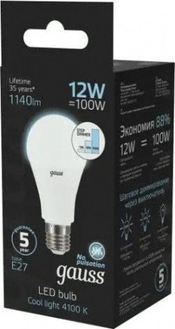 Лампа светодиодная GAUSS A60 a60 12w 1140lm 4100k е27 шаг. диммирование led [102502212-S]