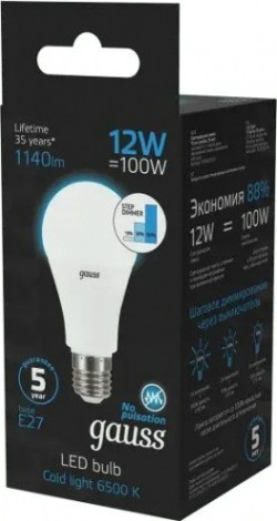 Лампа светодиодная GAUSS A60 a60 12w 1140lm 6500k е27 шаг. диммирование led [102502312-S]