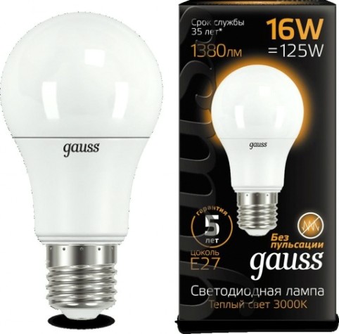 Лампа светодиодная GAUSS A60 a60 16w 1440lm 3000k e27 led [102502116]