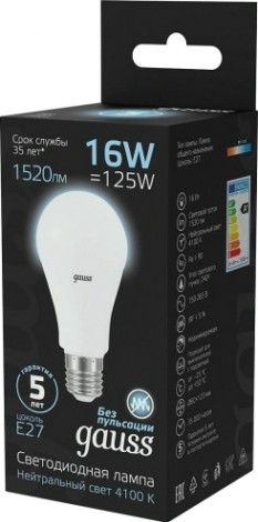 Лампа светодиодная GAUSS A60 a60 16w 1520lm 4100k e27 led [102502216]