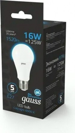 Лампа светодиодная GAUSS A60 a60 16w 1520lm 6500k e27 led [102502316]