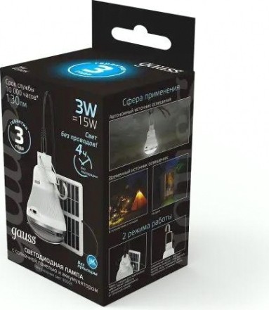 Лампа светодиодная GAUSS A60 a60 3w 130lm 4000k e27 с солнечной панелью led [902102203]