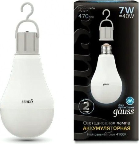 Лампа светодиодная GAUSS A60 a60 7w 470lm 4100k e27 с li-ion аккумулятором led [102402207]